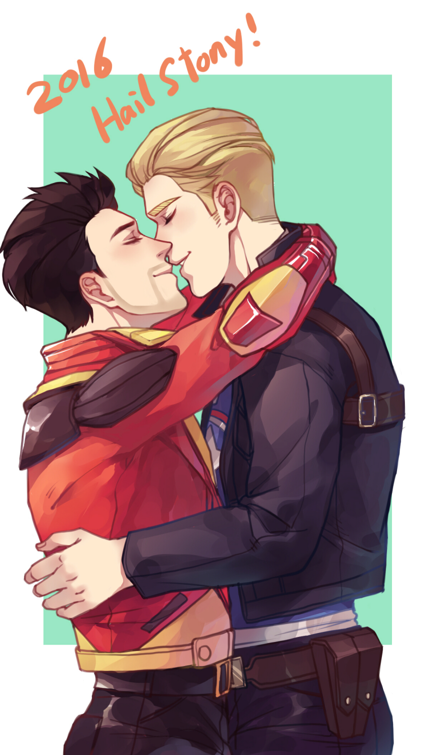 2016 2boys aqua_background arethusa_smile armor avengers_(series) avengers_academy belt black_belt black_hair black_jacket black_pants blonde_hair blue_shirt border breast_pocket brown_belt closed_mouth commentary cowboy_shot english_commentary english_text facial_hair fingernails heart highres hug imminent_kiss jacket long_sleeves male_focus marvel multiple_boys open_clothes open_jacket outside_border pants pocket red_armor red_jacket shirt short_hair simple_background smile standing star_(symbol) star_print steve_rogers t-shirt teeth tony_stark white_border yaoi