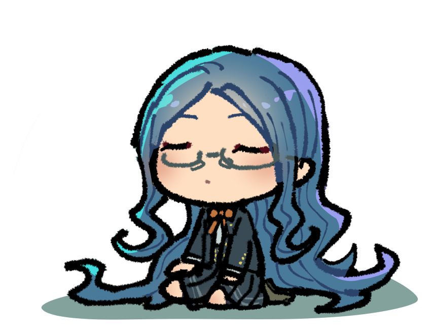 1girl black_jacket black_skirt blush bow bowtie chibi danganronpa_(series) danganronpa_v3:_killing_harmony glasses green_hair highres jacket long_hair long_sleeves miniskirt open_clothes open_jacket orange_bow orange_bowtie parted_bangs pleated_skirt semi-rimless_eyewear shirogane_tsumugi simple_background sitting skirt solo white_background youko-shima
