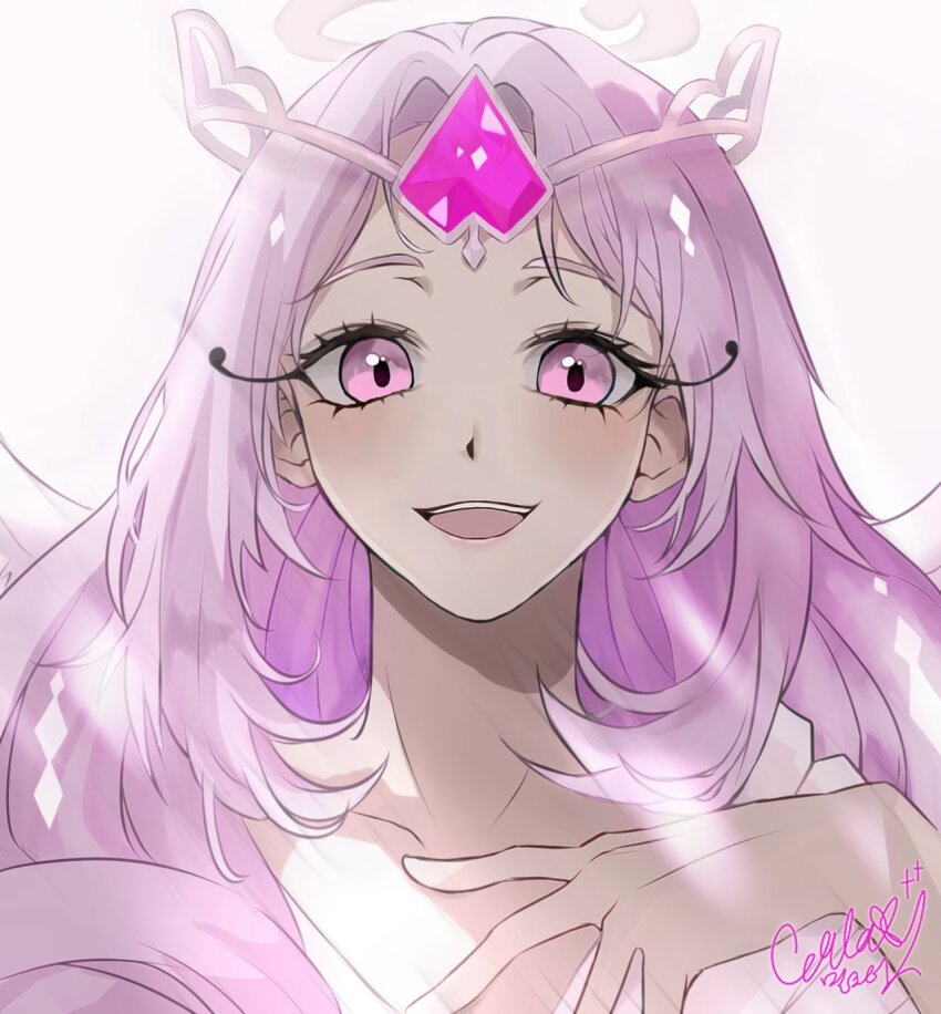 1girl angel angel_wings animification colored_skin cookie_run cookie_run:_kingdom dress eternal_sugar_cookie eunha_milktea happy highres humanization long_hair looking_at_viewer pink_eyes pink_hair pink_skin smile solo very_long_hair white_dress wings