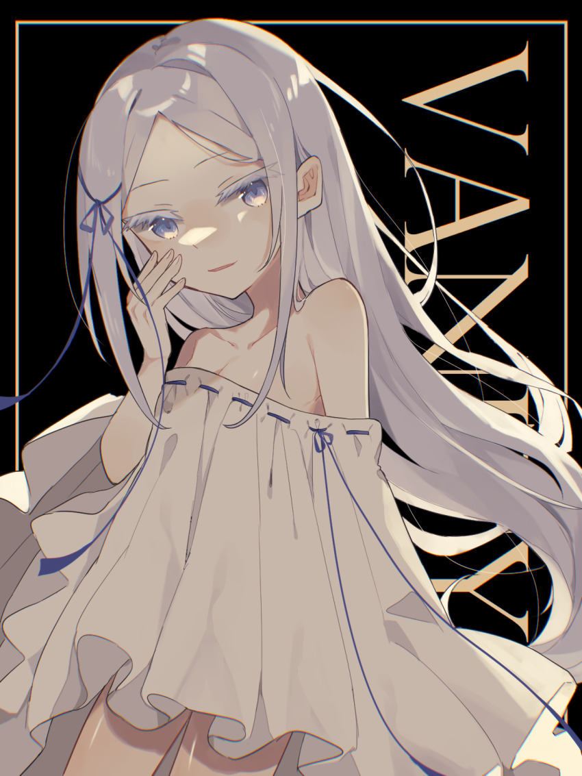 1girl banira_shio black_background blue_ribbon breasts colored_eyelashes dress hair_ribbon highres long_hair looking_at_viewer naked_poncho off_shoulder open_mouth pandora_(re:zero) petite re:zero_kara_hajimeru_isekai_seikatsu ribbon ribbon-trimmed_clothes ribbon-trimmed_dress ribbon_trim small_breasts solo very_long_hair white_dress white_eyelashes white_eyes white_hair white_poncho