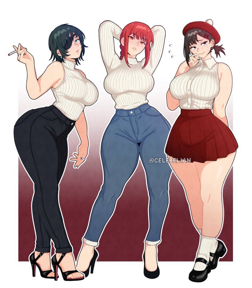3girls alternate_breast_size alternate_costume arms_behind_head arms_up asymmetrical_hair averting_eyes bare_shoulders beret black_eyes black_hair black_pants blush braid braided_ponytail breasts buttons celebelian chainsaw_man cigarette collared_shirt denim ear_piercing embarrassed eyepatch flying_sweatdrops gradient_background hair_ornament hairclip hand_on_own_cheek hand_on_own_face hat higashiyama_kobeni high_heels highres himeno_(chainsaw_man) holding holding_cigarette jeans jewelry large_breasts light_blush long_hair looking_at_viewer looking_to_the_side makima_(chainsaw_man) mary_janes mole mole_under_eye multiple_girls multiple_moles nose_blush pants parted_lips piercing pleated_skirt pom_pom_(clothes) ponytail red_hair red_skirt ring ringed_eyes shirt shoes short_hair simple_background skirt sleeveless sleeveless_shirt sleeveless_sweater sleeveless_turtleneck_sweater socks striped_clothes striped_shirt sweat sweater thick_thighs thighs turtleneck turtleneck_sweater twitter_username vertical-striped_clothes vertical-striped_shirt white_background white_shirt white_socks white_sweater wide_hips yellow_eyes