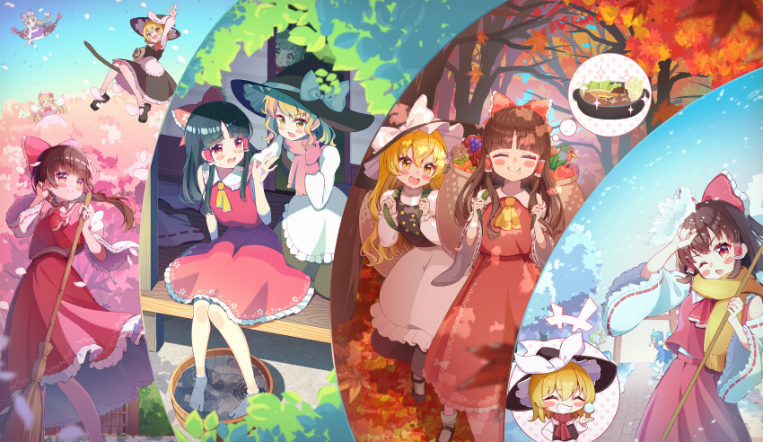 &gt;_&lt; +++ 6+girls ^_^ absurdres apple apron ascot autumn autumn_leaves barefoot basket black_hat black_shoes black_skirt black_vest blonde_hair blue_bow blue_dress blue_hair blush bow bowtie braid broom broom_riding brown_eyes brown_hair capelet cherry_blossoms cirno closed_eyes closed_mouth commentary_request daiyousei detached_sleeves detached_wings dress drooling falling_petals food food_request frilled_bow frilled_hair_tubes frills fruit gap_(touhou) gloves grapes green_eyes green_hair hair_bow hair_tubes hakurei_reimu hat hat_bow hat_ribbon highres holding holding_broom ice ice_wings kirisame_marisa knees_together_feet_apart komano_aunn leaf lily_white long_hair long_sleeves making-of_available mob_cap multiple_girls mushroom one_eye_closed open_mouth petals pinafore_dress pink_gloves pink_petals pink_scarf purple_dress rappi red_ascot red_bow red_bowtie red_skirt ribbon ribbon-trimmed_sleeves ribbon_trim scarf seasons shoes side_braid single_braid skirt skirt_set sleeveless sleeveless_dress smile snow snowball soaking_feet socks spring_(season) summer tabard toes touhou tree vest waist_apron water white_bow white_capelet white_hat white_socks wings winter witch_hat yakumo_yukari yellow_ascot yellow_eyes yellow_scarf