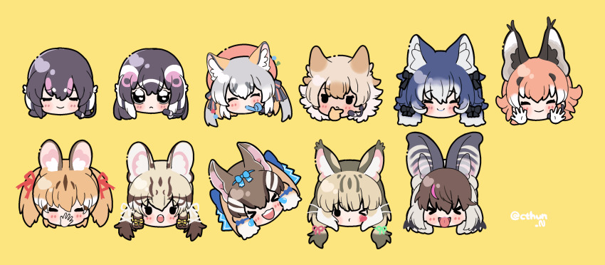 6+girls absurdres african_penguin_(kemono_friends) animal_ears bat_ears black_hair blonde_hair blue_hair brown_hair brown_long-eared_bat_(kemono_friends) caracal_(kemono_friends) caracal_ears cat_ears chipmunk_ears coyote_(kemono_friends) cthun_n dire_wolf_(kemono_friends) geoffroy&#039;s_cat_(kemono_friends) grey_hair highres humboldt_penguin_(kemono_friends) island_fox_(kemono_friends) jungle_cat_(kemono_friends) kemono_friends kemono_friends_v_project large-spotted_genet_(kemono_friends) long_hair looking_at_viewer multiple_girls orange_hair short_hair siberian_chipmunk_(kemono_friends) simple_background virtual_youtuber wolf_ears yellow_background