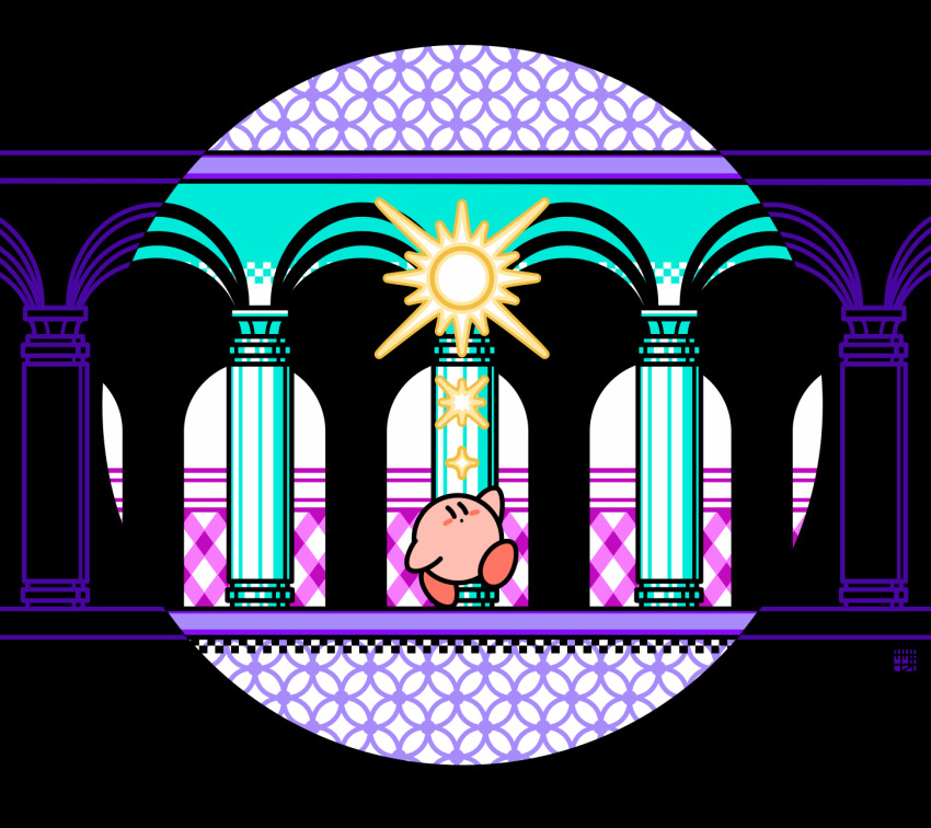 black_eyes blush_stickers closed_mouth dot_mouth highres kirby kirby&#039;s_adventure kirby_(series) nintendo no_humans pillar sasakinao solid_oval_eyes solo sparkle spotlight standing standing_on_one_leg