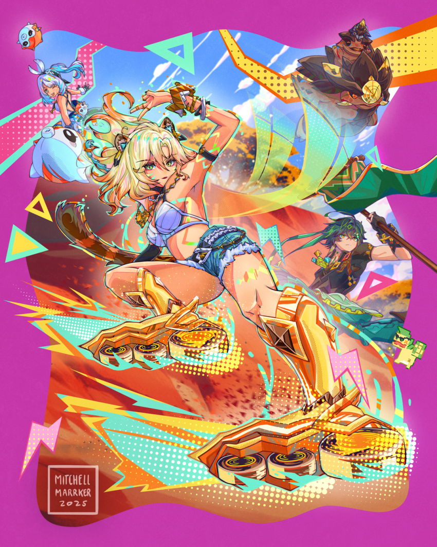 1boy 2girls ajaw_(genshin_impact) animal_ears arm_up armpits artist_name bare_shoulders black_shirt blonde_hair blue_hair blue_hairband blue_shorts border bracelet breasts closed_mouth commentary crop_top denim denim_shorts english_commentary flag floating_hair flying_kick full_body genshin_impact glowing_tattoo green_eyes green_hair green_headband hair_between_eyes hairband headband highres holding holding_flag inline_skates jaguar_ears jaguar_girl jaguar_tail jewelry kicking kinich_(genshin_impact) long_hair looking_at_viewer medallion medium_breasts midriff mitchellmarrker mualani_(genshin_impact) multiple_girls one_eye_closed open_mouth purple_border roller_skates shirt short_hair shorts skates tail tepetlisaurus_(genshin_impact) v vision_(genshin_impact) xilonen_(genshin_impact)