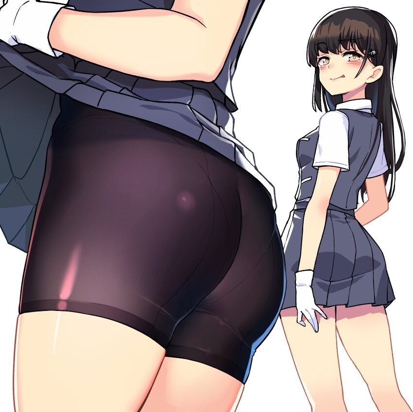 1girl absurdres ass bike_shorts bike_shorts_under_skirt black_hair black_shorts blush brown_eyes clothes_lift collared_shirt dress_shirt feet_out_of_frame from_behind gloves good_ass_day grey_skirt grey_vest half-closed_eyes hayashio_(kancolle) highres kantai_collection licking_lips lifting_own_clothes long_hair looking_at_viewer mole mole_under_eye multiple_views naughty_face panties_under_bike_shorts pantylines pleated_skirt school_uniform shirt short_sleeves shorts shorts_under_skirt simple_background skirt skirt_lift smile taketora_suzume tongue tongue_out vest white_background white_gloves white_shirt