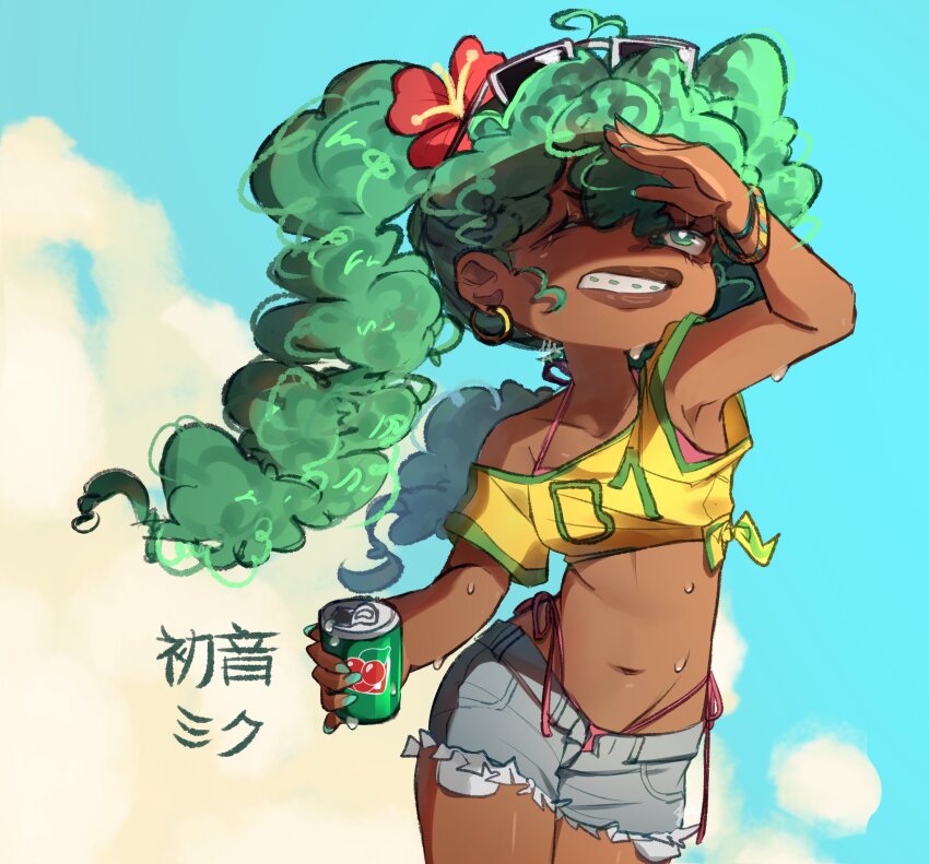 1girl absurdres bikini bracelet braces brazilian_miku can crop_top cutoffs dark-skinned_female dark_skin denim denim_shorts eyewear_on_head flower green_hair hair_flower hair_ornament hatsune_miku highres jewelry kiki_nene light-skinned_palms lips shiny_lips shorts solo sweat swimsuit thong_bikini vocaloid