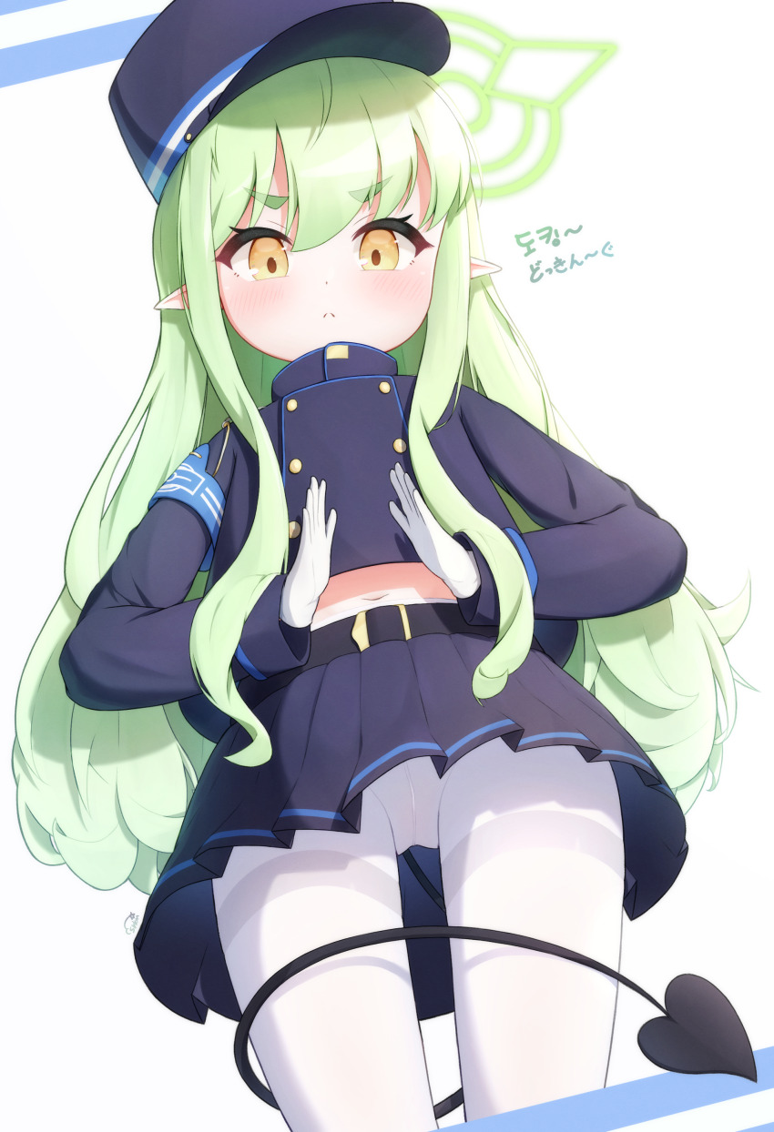 1girl :&lt; absurdres armband belt belt_buckle black_belt black_hat black_jacket black_skirt black_tail blue_archive blue_armband blush buckle buttons closed_mouth cropped_jacket demon_girl demon_tail dot_nose from_below gloves green_hair green_halo hair_between_eyes halo hands_up hat high-waist_pantyhose highres hikari_(blue_archive) jacket loli long_hair long_sidelocks long_sleeves looking_at_viewer looking_down navel panties panties_under_pantyhose pantyhose peaked_cap pleated_skirt pointy_ears sidelocks simple_background skirt solo sorakumo split_mouth standing straight_hair tail tail_around_own_leg tail_wrap thighband_pantyhose thighs underwear v-shaped_eyebrows very_long_hair white_background white_gloves white_pantyhose yellow_eyes