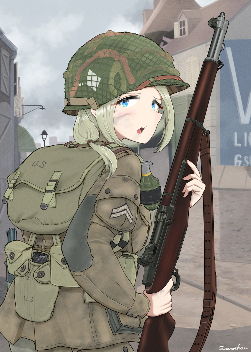 101st_airborne 1girl 501st_parachute_infantry_regiment_(us_army) absurdres ammunition_pouch battle_of_carentan blonde_hair blue_eyes canteen city combat_helmet diamond_(shape) dirty dirty_face explosive finger_on_trigger grenade gun gun_sling helmet highres invasion_of_normandy m1_garand m1_helmet military military_combat_uniform military_rank_insignia military_uniform open_mouth original outdoors paratrooper pouch rifle savankov united_states_army weapon world_war_ii