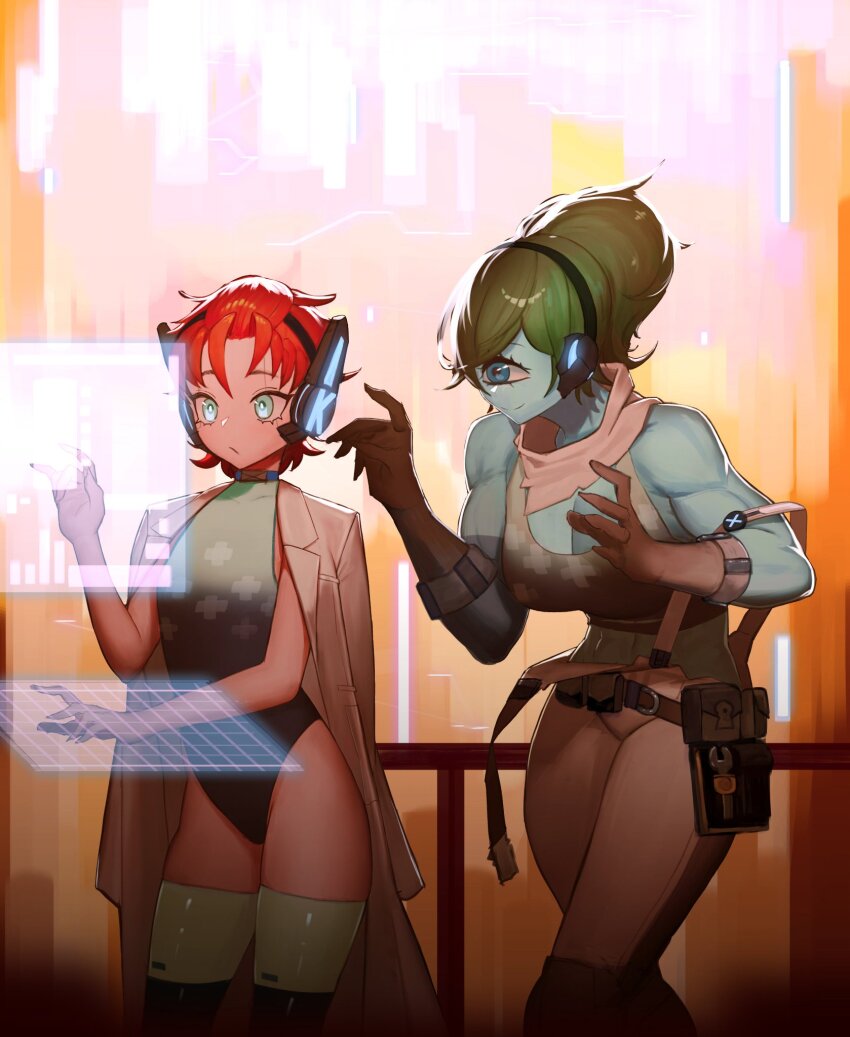 2girls abs aqua_eyes belt_pouch blue_choker blue_eyes blue_skin breasts brown_gloves choker cityscape coat colored_skin commentary commission cyclops english_commentary flat_chest ganet_p gloves green_hair green_tank_top hali_(kabooks) headset highres holographic_monitor holographic_touchscreen imminent_hug indie_virtual_youtuber jacket jacket_on_shoulders kabooks large_breasts leotard long_hair monster_girl multiple_girls muscular muscular_female naughty_face neckerchief neon_trim one-eyed orange_hair overalls plus_sign ponytail pouch print_leotard second-party_source smile sneaking suspenders suspenders_slip tank_top thighhighs tool_belt trench_coat virtual_youtuber white_neckerchief white_overalls white_thighhighs wrench