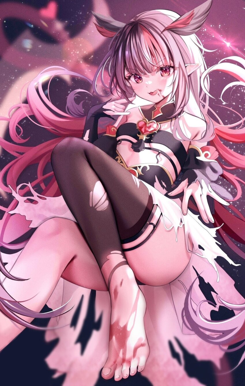 barefoot blood_on_mouth breasts detached_sleeves highres indie_virtual_youtuber isari_sensei long_hair mikazuki_silvi multicolored_hair neck open_mouth owl_ears owl_girl pointy_ears skirt small_breasts torn_clothes torn_skirt two-tone_hair underboob virtual_youtuber