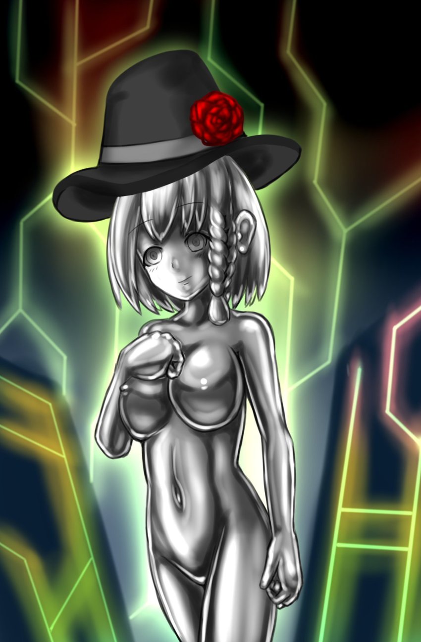 1girl aomatu_spaghe arms_up braid breasts charlotte_corday_(fate) clench fate/grand_order fate_(series) female_focus flower grey_eyes hands_on_own_breasts hands_on_own_thighs hat hat_flower highres large_breasts looking_at_viewer metal metal_girl metal_skin multicolored_background nipples nude shiny_skin short_hair solo standing thighhighs thighs