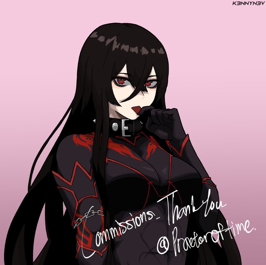 1girl abs black_hair bodysuit breasts character_request collar commentary commission crossed_bangs english_commentary english_text highres k3nnyn3v long_bangs long_hair looking_at_viewer medium_breasts phantasy_star phantasy_star_online_2 pink_background red_eyes scar scar_on_stomach sidelocks simple_background skin_tight solo toned tongue tongue_out twitter_username
