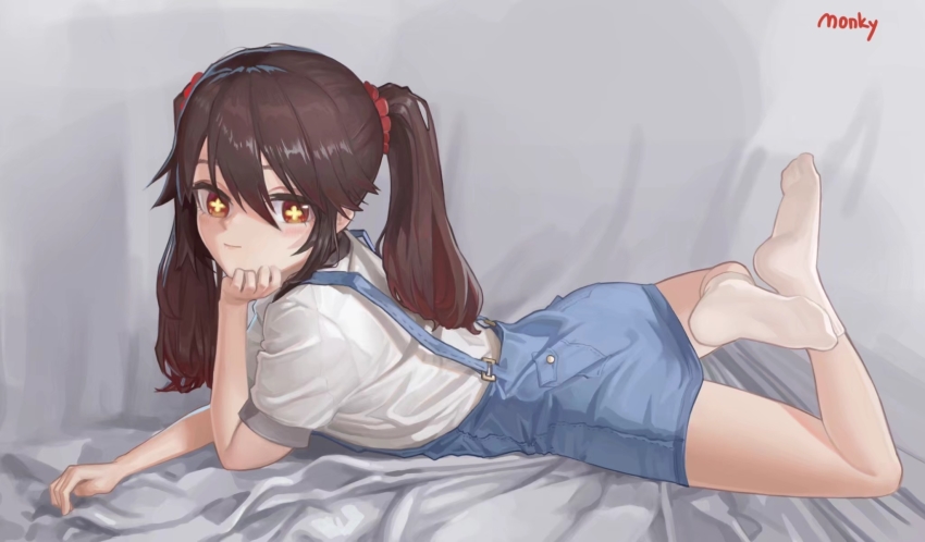 1girl aged_down alternate_costume arm_support ass bed_sheet brown_hair casual commentary_request crossed_legs dress feet from_side genshin_impact hair_between_eyes head_tilt highres hu_tao_(genshin_impact) long_hair looking_at_viewer looking_to_the_side lying monky on_stomach orange_eyes pinafore_dress short_sleeves sidelocks signature simple_background sleeveless_dress smile socks soles solo symbol-shaped_pupils the_pose twintails white_socks