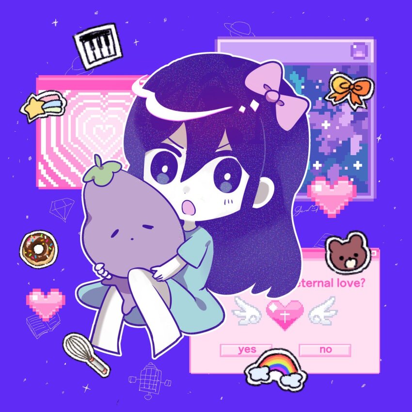 1girl aubrey_(headspace)_(omori) aubrey_(omori) barefoot blue_shirt blush bow chibi chibi_only colored_skin full_body genk1zam4s hair_bow highres holding holding_stuffed_toy long_hair long_shirt mr._plantegg_(omori) omori open_mouth pink_bow pixel_art_inset purple_eyes purple_hair shirt short_sleeves solo stuffed_eggplant stuffed_toy t-shirt white_skin