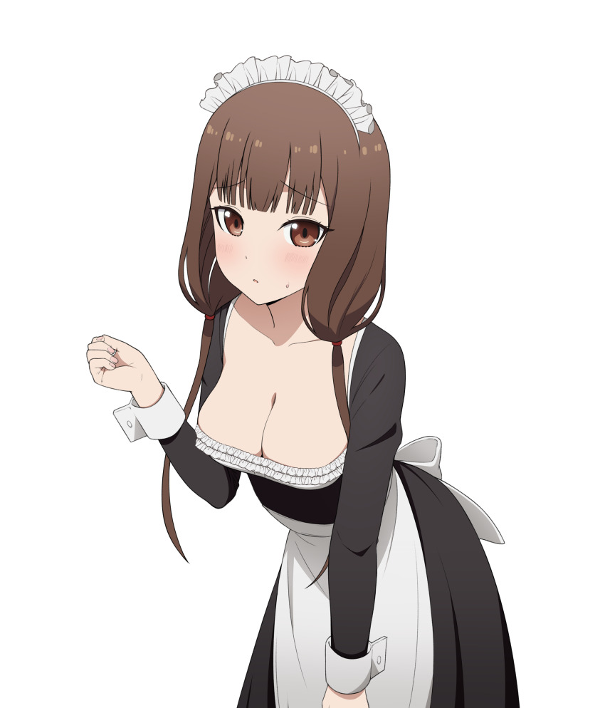 1girl absurdres alternate_breast_size alternate_costume apron black_dress breasts brown_eyes brown_hair cleavage coro_fae dress enmaided highres iino_miko kaguya-sama_wa_kokurasetai_~tensai-tachi_no_renai_zunousen~ large_breasts long_hair long_sleeves looking_at_viewer maid maid_apron maid_headdress simple_background solo sweatdrop waist_apron white_apron white_background wrist_cuffs