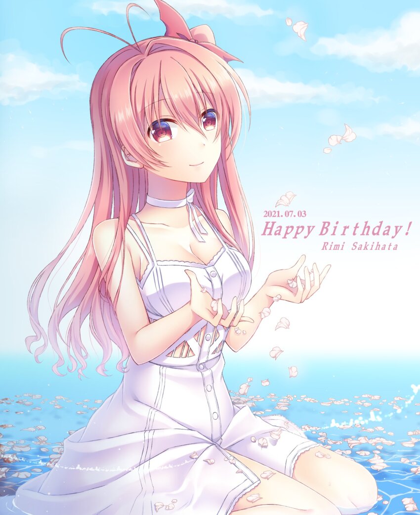 1girl antenna_hair bare_arms blue_sky bow breasts chaos;head choker cleavage closed_mouth cloud collarbone day dress hair_between_eyes hair_bow hair_intakes highres long_hair medium_breasts nishijou_myu ocean outdoors pink_hair red_bow red_eyes ribbon ribbon_choker sakihata_rimi side_ponytail sitting sky sleeveless sleeveless_dress smile solo sundress white_dress white_ribbon