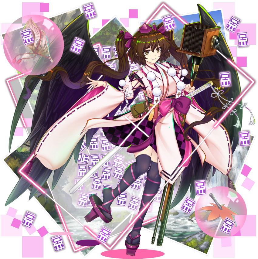 1girl alternate_costume black_thighhighs brown_hair detached_sleeves game_cg geta hat highres himekaidou_hatate kourindou_tengu_costume leaf_fan looking_at_viewer official_art rotte_(1109) solo tagme tengu-geta thighhighs third-party_source tokin_hat touhou touhou_lostword transparent_background twintails wide_sleeves