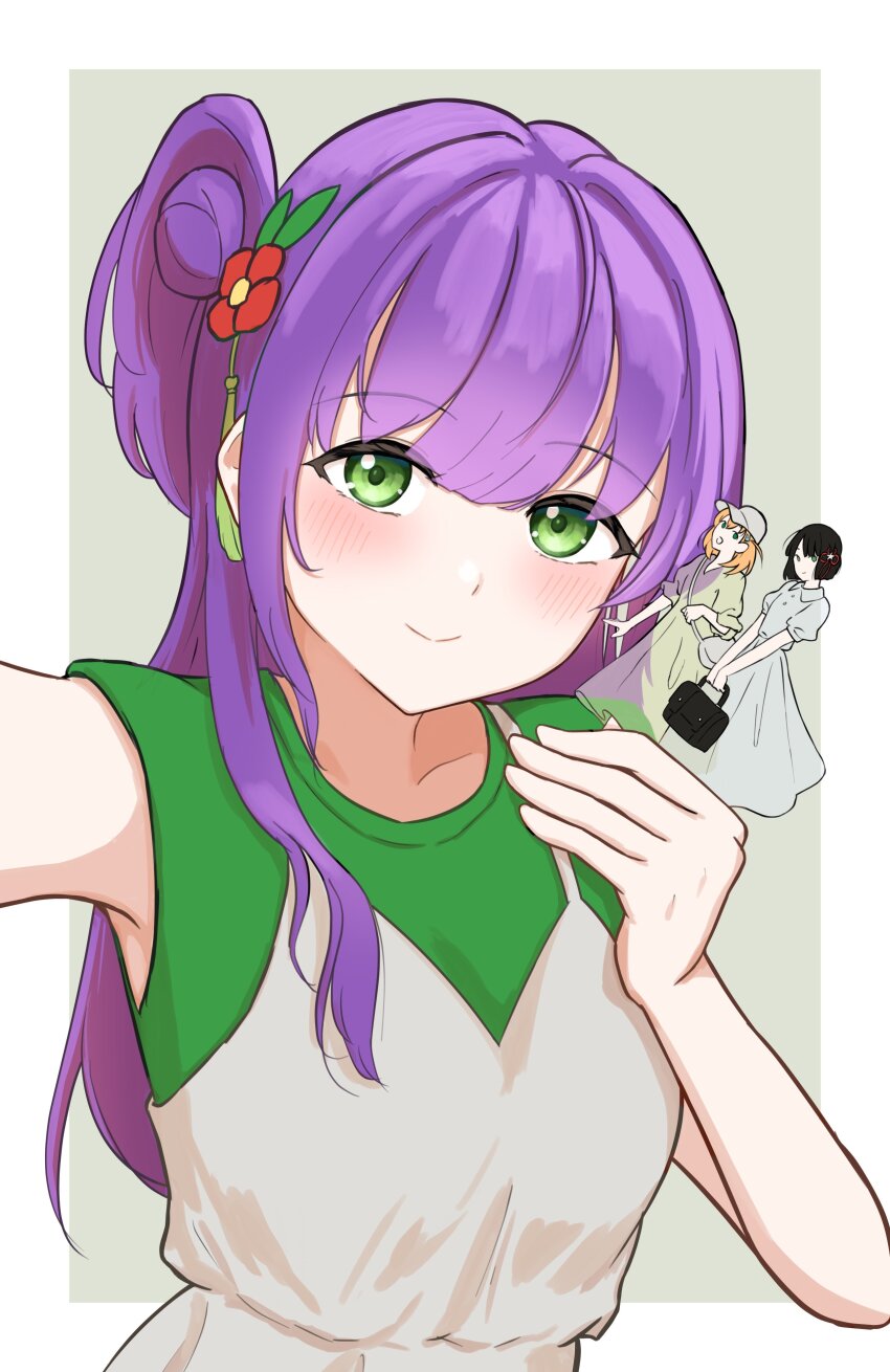 1girl absurdres acrylic_stand_(object) blush breasts brown_background cerise_bouquet closed_mouth commentary dress flower green_eyes green_shirt grey_dress hair_bun hair_flower hair_ornament hasu_no_sora_jogakuin_school_idol_club_osanpo_nikki highres hinoshita_kaho hinoshita_kaho_(osanpo_nikki) holding link!_like!_love_live! long_hair love_live! medium_breasts momose_ginko momose_ginko_(osanpo_nikki) official_alternate_costume otomune_kozue otomune_kozue_(osanpo_nikki) pinafore_dress purple_hair red_flower shirt side_ponytail sidelocks simadaburyu single_side_bun sleeveless sleeveless_dress sleeveless_shirt smile solo split_mouth tassel tassel_hair_ornament upper_body virtual_youtuber