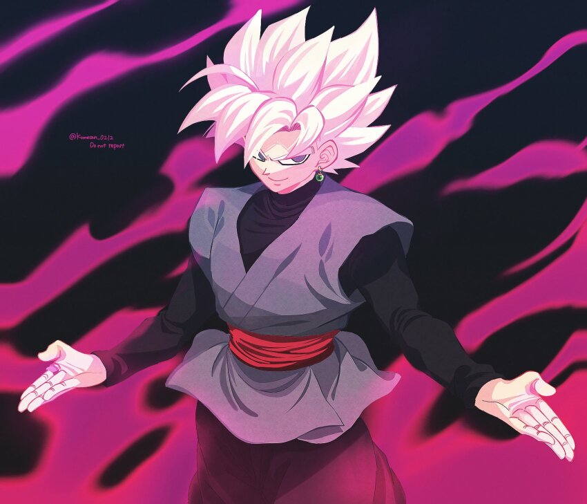 1boy black_background black_pants black_shirt cowboy_shot dougi dragon_ball dragon_ball_super earrings goku_black grey_eyes grey_tunic highres jewelry komesan_0212 male_focus medium_hair pants pink_hair potara_earrings red_sash sash shirt single_earring solo spiked_hair super_saiyan super_saiyan_rose tunic twitter_username