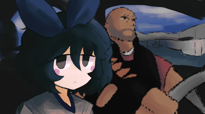 1boy 1girl absurdres bad_id bad_twitter_id black_hair blue_bow blue_hairband bow brown_eyes car_interior closed_mouth commentary driving english_commentary fat fat_man hair_between_eyes hair_bow hairband heavy_(tf2) highres iesonatana inactive_account liv_(iesonatana) looking_at_viewer original pixelated short_hair steering_wheel team_fortress_2