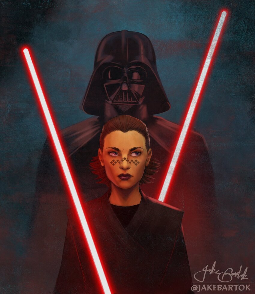1boy 1girl alien artist_name barriss_offee black_cape black_helmet black_tunic brown_hair cape colored_skin darth_vader energy_sword facial_mark green_skin helmet highres jr_bartok lightsaber looking_to_the_side mirialan purple_eyes red_lightsaber short_hair signature sith star_wars sword tunic upper_body weapon