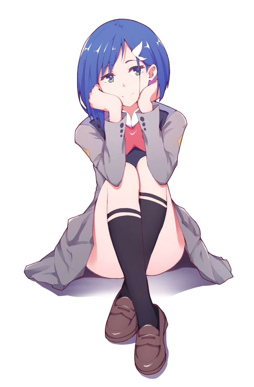 1girl ass asymmetrical_hair black_dress blue_hair bob_cut brown_shoes closed_mouth crossed_ankles darling_in_the_franxx dress elbows_on_knees green_eyes grey_dress hair_ornament hairclip hands_on_own_cheeks hands_on_own_face head_rest head_tilt highres ichigo_(darling_in_the_franxx) kneehighs knees_up loafers long_sleeves looking_at_viewer military_uniform on_ground pleated_dress red_trim shadow shoes short_hair simple_background sitting smile socks solo straight-on swept_bangs two-tone_dress white_background white_trim yang_zheng_yu