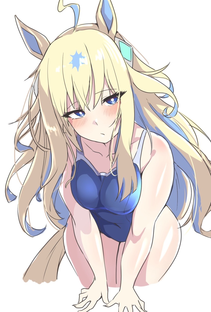 1girl ahoge animal_ears aqua_gemstone blonde_hair blue_eyes blush breasts gem hair_ornament head_tilt hekahire_isurus highres horse_ears horse_girl horse_tail looking_at_viewer medium_breasts multicolored_hair neo_universe_(umamusume) school_swimsuit simple_background solo swimsuit tail two-tone_hair umamusume white_background