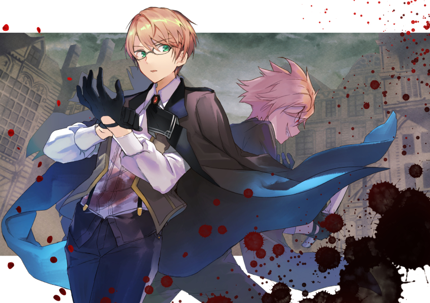 2boys adjusting_clothes adjusting_gloves ascot back-to-back black_ascot black_gloves black_pants blonde_hair blood blood_on_clothes blood_splatter brooch brown_jacket brown_vest building collared_shirt cowboy_shot dual_persona fate/grand_order fate_(series) glasses gloves green_eyes grin hayama_eishi henry_jekyll_(fate) highres holding holding_knife hyde_(fate) jacket jacket_on_shoulders jekyll_and_hyde_(fate) jewelry knife letterboxed looking_ahead looking_at_viewer male_focus multiple_boys open_clothes open_vest outside_border pants parted_lips petals pixiv_fate/grand_order_contest_2 profile red_eyes shirt short_hair sideways_glance smile spiked_hair suspenders v-shaped_eyebrows vest white_shirt