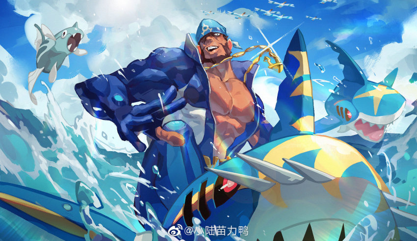 1boy abs archie_(pokemon) bandana bara bare_pectorals beard black_eyes black_hair blue_bandana blue_bodysuit bodysuit chain chain_necklace cloud dark-skinned_male dark_skin day diving_suit facial_hair from_below gen_2_pokemon gen_3_pokemon highres jewelry large_pectorals long_sleeves male_focus mature_male mega_pokemon mega_sharpedo muscular muscular_male mustache necklace nintendo nipple_slip nipples outdoors pectorals pokemon pokemon_(creature) pokemon_oras popped_collar remoraid riding riding_pokemon sharpedo short_hair small_head solo_focus stomach water watermark weibo_watermark wet wetsuit wingull xiaolumiaoliya