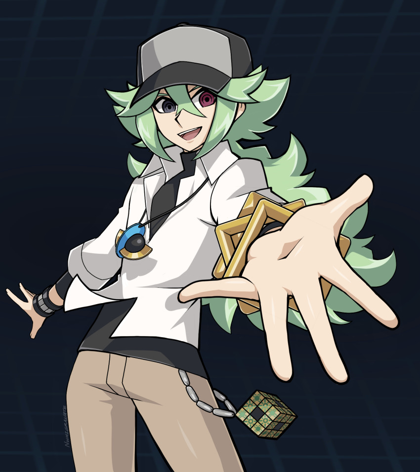 1boy black_hat black_shirt blue_background bracelet double-parted_bangs dress_shirt facing_to_the_side full_body gold_bracelet green_hair grey_eyes hat heterochromia highres jewelry khaki_pants long_bangs looking_at_viewer male_focus n_(pokemon) nintendo nuumigranate offering_hand open_hands open_mouth outstretched_arms parody partially_unbuttoned pokemon pokemon_bw ponytail reaching reaching_towards_viewer red_eyes rubik&#039;s_cube shirt shirt_under_shirt sleeves_rolled_up smile solo style_parody turning_head untucked_shirt wallet_chain yu-gi-oh! yu-gi-oh!_duel_links