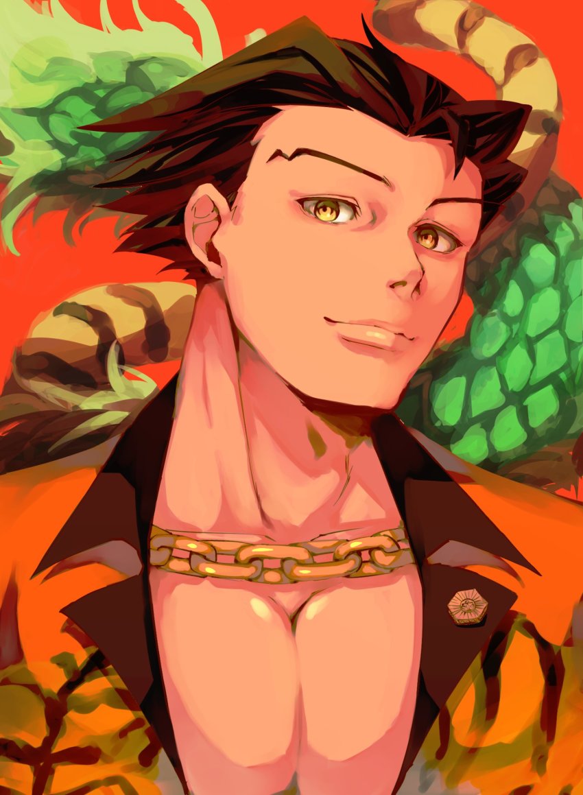 1boy ace_attorney alternate_costume black_hair chain collar_chain_(jewelry) collared_shirt dragon furio_tigre highres hiluta looking_at_viewer male_focus mature_male medal muscular muscular_male open_clothes open_shirt pectorals phoenix_wright phoenix_wright:_ace_attorney shirt smile solo spiked_hair tiger upper_body yellow_eyes