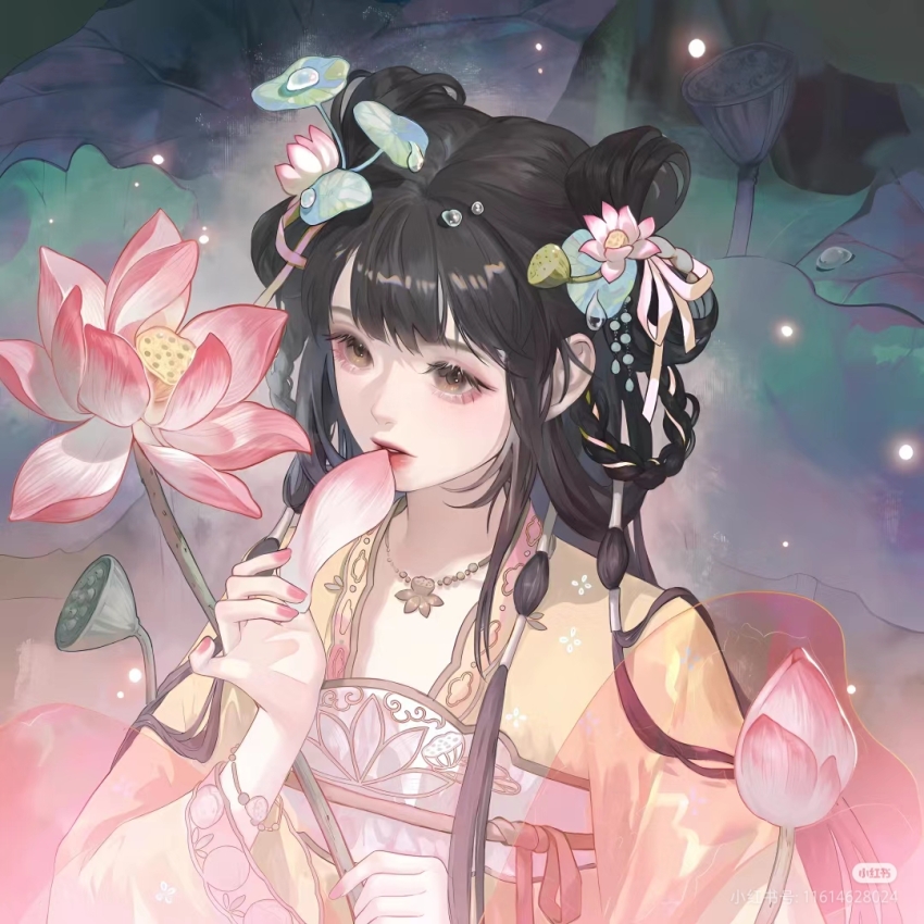 1girl beads black_hair brown_eyes chinese_clothes dress flower hair_flower hair_ornament hair_rings hanfu holding jewelry light_particles long_hair long_sleeves lotus lotus_pod nail_polish necklace non-web_source original pink_flower pink_nails qixiong_ruqun ribbon ruqun sash shawl shuangyaji solo upper_body wide_sleeves