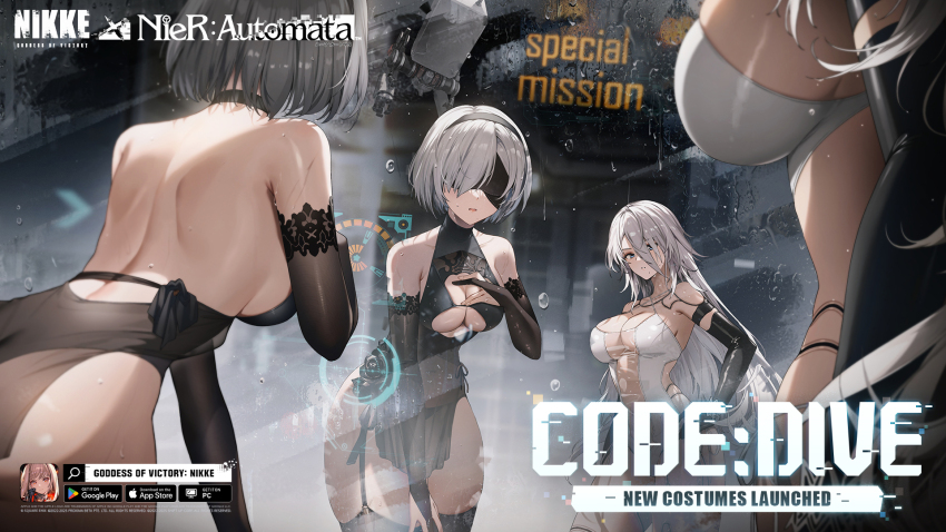 2b_(nier:automata) 2girls a2_(nier:automata) alternate_costume android artist_request back bare_back bare_shoulders black_dress black_hairband blindfold blue_eyes blurry blurry_foreground breasts cleavage cleavage_cutout clothing_cutout commentary copyright_name covered_eyes detached_sleeves dress english_commentary glass gloves goddess_of_victory:_nikke grey_hair hair_between_eyes hairband highres joints lace large_breasts leaning_forward long_hair multiple_girls nier:automata nier_(series) official_art partially_fingerless_gloves pod_(nier:automata) reflection robot_joints see-through_cleavage see-through_clothes short_hair sideboob standing white_dress