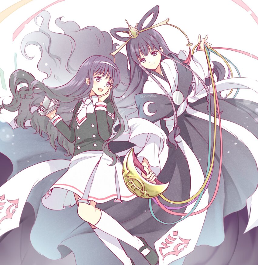 2girls :d bell black_dress black_hair black_jacket black_shoes blunt_bangs buttons camera cardcaptor_sakura collared_shirt creator_connection crescent_print daidouji_tomoyo double-breasted dress feixianji_(hairstyle) gown hair_ornament hair_stick hair_tubes hand_on_own_cheek hand_on_own_face highres holding holding_bell holding_camera holding_ribbon in-franchise_crossover jacket japanese_clothes kimono kneehighs kurabayashi layered_kimono long_hair long_sleeves look-alike looking_at_another looking_to_the_side mary_janes multiple_girls necktie open_mouth pleated_skirt purple_eyes ribbon sash school_uniform shawl shirt shoes skirt smile socks tassel tomoeda_middle_school_uniform tomoyo_hime tsubasa_chronicle tsuki_no_suzu very_long_hair video_camera wavy_hair white_background white_kimono white_necktie white_sash white_shawl white_shirt white_skirt white_socks wide_sleeves