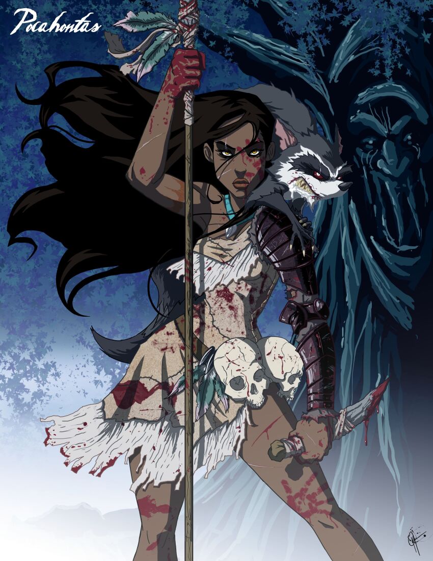 1girl absurdres animal animal_on_shoulder armor black_hair blood blood_on_clothes blood_on_face blood_on_hands brown_eyes character_name commentary contrapposto dark-skinned_female dark_skin dress english_commentary foaming_at_the_mouth highres holding holding_knife jeftoon01 jewelry knife long_hair meeko_(disney) necklace pocahontas_(disney) pocahontas_(movie) polearm raccoon reverse_grip serious short_dress signature skull spear tree very_dark_skin weapon