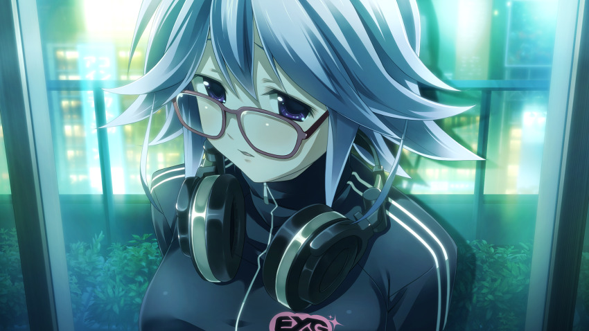 1girl black_track_suit blue_hair blue_theme breasts chaos;child chaos;child_love_chu_chu!! facing_viewer frown full_body game_cg glasses hair_between_eyes headphones headphones_around_neck highres indoors jacket kazuki_hana large_breasts light_rays long_sleeves looking_at_viewer moonlight night non-web_source official_art open_mouth plant pointy_hair purple_eyes red-framed_eyewear sad sasaki_mutsumi shadow shoes short_hair sidelocks sneakers solo tongue track_jacket track_suit window zipper_pull_tab