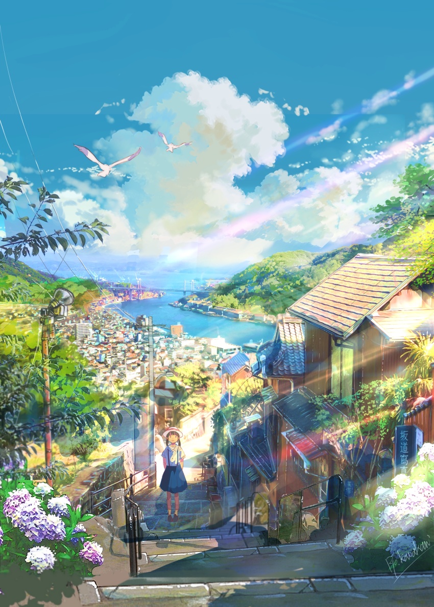 1girl absurdres bird black_hair blue_skirt blue_sky bridge building bush cityscape cloud commentary_request flower hat highres house original river ryowelcome1 scenery shirt skirt sky solo stairs standing summer sunlight suspender_skirt suspenders suspension_bridge town tree twintails utility_pole vanishing_point white_bird white_hat white_shirt
