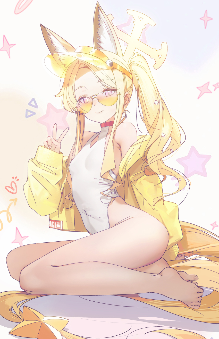 1girl absurdres animal_ear_fluff animal_ears arm_behind_back armpit_crease ass bare_legs bare_shoulders barefoot blonde_hair blue_archive breasts casual_one-piece_swimsuit closed_mouth clothing_cutout commentary_request covered_navel cross_halo diamond_cutout dot_nose drive_shot extra_ears feet fox_ears fox_girl fox_tail hair_over_shoulder halo hand_up highleg highleg_one-piece_swimsuit highres jacket lineart loli long_hair long_sidelocks long_sleeves monochrome off_shoulder official_alternate_costume official_alternate_hairstyle one-piece_swimsuit pink_eyes seia_(blue_archive) seia_(swimsuit)_(blue_archive) side_ponytail sidelocks sitting sleeves_past_wrists small_breasts smile solo star_(symbol) star_ornament sunglasses swimsuit tail tail_ornament thighs tinted_eyewear toes v very_long_hair very_long_tail visor_cap white_one-piece_swimsuit yellow-tinted_eyewear yellow_halo yellow_jacket yellow_visor yokozuwari