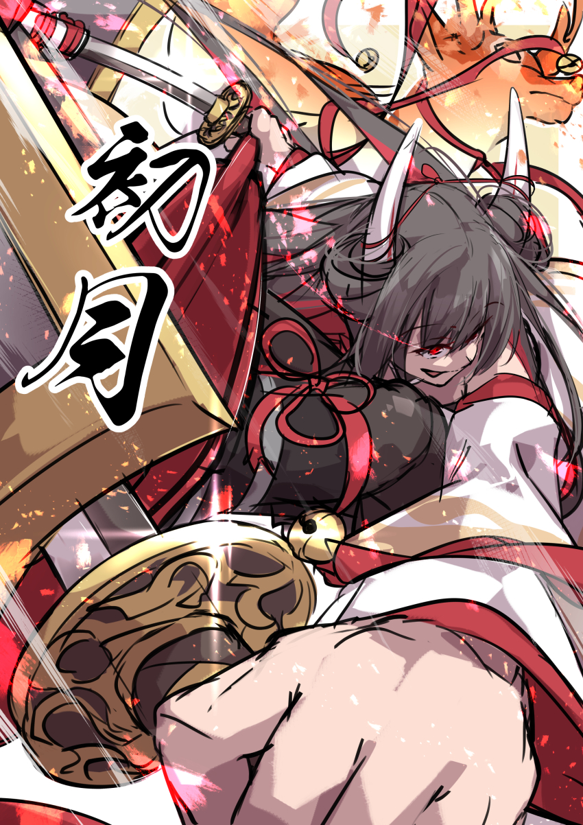 1girl absurdres azur_lane black_hair character_name colored_inner_hair hatsuzuki_(azur_lane) highres holding holding_sword holding_weapon horns japanese_clothes katana long_hair multicolored_hair oriue_wato red_eyes red_hair rigging sketch solo sword weapon