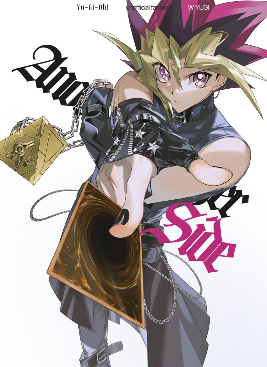 1boy black_hair black_nails black_shirt blonde_hair card chain cowboy_shot fingerless_gloves gloves highres holding holding_card male_focus medium_hair millennium_puzzle multicolored_hair muto_yugi purple_eyes purple_hair shirt simple_background solo spiked_hair trading_card uuu_ygo white_background yu-gi-oh! yu-gi-oh!_duel_monsters