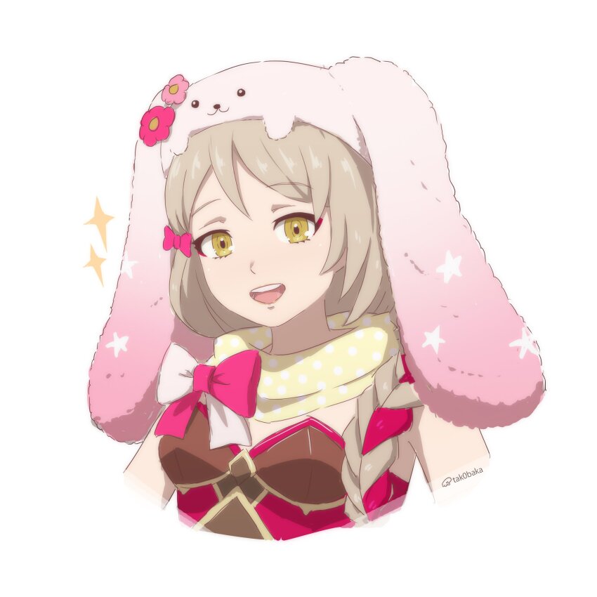 1girl animal_hat blonde_hair braid braided_ponytail brown_gloves easter_egg egg expressive_clothes fire_emblem fire_emblem_engage fire_emblem_heroes flower_ornament framme_(spring)_(fire_emblem) gloves hair_over_shoulder hat highres nintendo official_alternate_costume open_mouth pink_hair pink_hat rabbit_hat scarf single_braid solo tak0baka yellow_eyes yellow_scarf