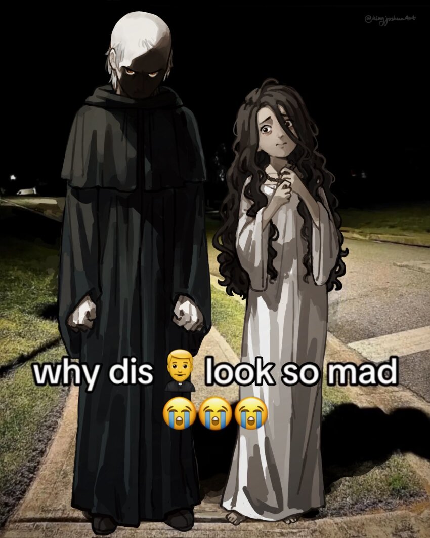 1boy 1girl arms_at_sides balding barefoot black_footwear black_hair black_robe claude_frollo closed_mouth commentary dress emoji english_text eyes_in_shadow full_body highres kingjoshua la_esmeralda long_dress long_hair long_sleeves looking_at_viewer meme night own_hands_together photo_background priest robe shadow side-by-side standing the_hunchback_of_notre_dame twitter_username white_dress why_dis_ninja_look_so_mad_(meme) wide_sleeves