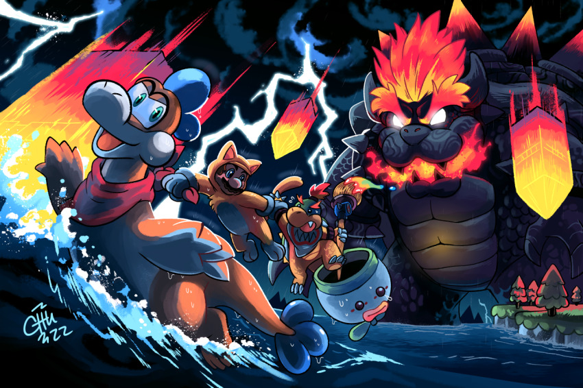 animal_ears bowser bowser_jr. breath_weapon breathing_fire cat_ears cat_mario cat_tail chu_(raizap) colored_skin fire fury_bowser glowing glowing_eyes holding holding_paintbrush horns junior_clown_car mario mario_(series) neckerchief nintendo orange_skin paintbrush plessie red_neckerchief signature super_mario_3d_world super_mario_3d_world_+_bowser&#039;s_fury tail thunder yellow_skin