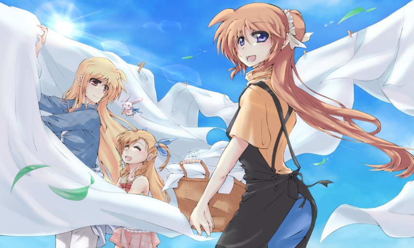 00s 10s 3girls apron bad_id bad_pixiv_id clothesline cloud day fate_testarossa laundry laundry_basket lens_flare long_hair lyrical_nanoha mahou_shoujo_lyrical_nanoha_strikers mahou_shoujo_lyrical_nanoha_vivid multiple_girls side_ponytail takamachi_nanoha very_long_hair vivio yu_okam1