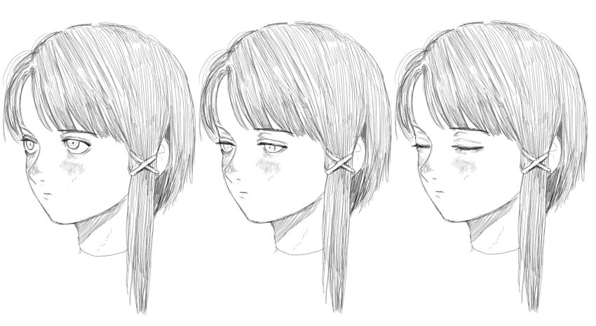 1girl blush closed_eyes closed_mouth expressionless greyscale hair_ornament half-closed_eyes head_only highres iwakura_lain karasumaichiu looking_to_the_side monochrome multiple_views nose_blush serial_experiments_lain short_hair single_sidelock swept_bangs x_hair_ornament