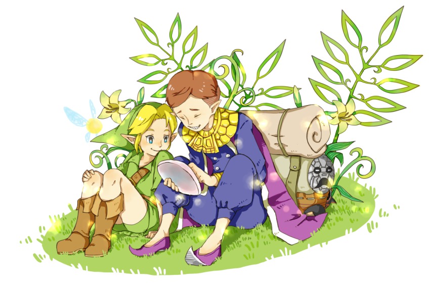 2boys backpack bag blonde_hair blue_eyes boots brown_hair cape closed_eyes grin guppy-kurisutaru happy_mask_salesman hat link mask multiple_boys nature nintendo pointy_ears short_hair smile tael the_legend_of_zelda the_legend_of_zelda:_majora&#039;s_mask young_link
