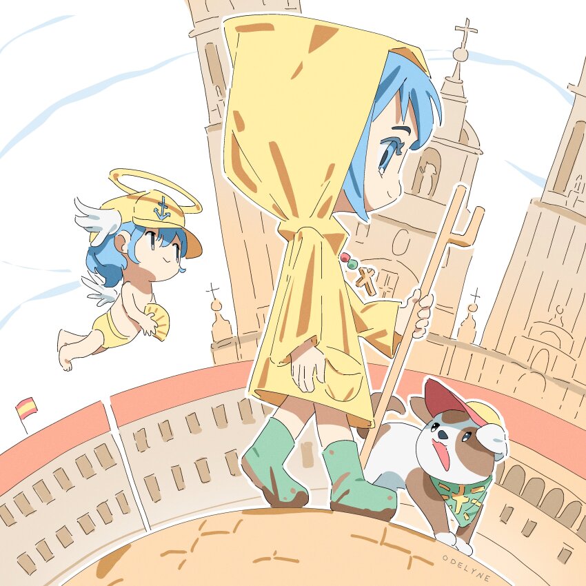 1boy 1girl absurdres anchor_symbol angel angel_wings animal_ears bandana bare_legs baseball_cap blue_bandana blue_eyes blue_hair boots cane church cloud cloudy_sky cross cross_necklace dirty_footwear dog_ears fanged_bangs full_body green_footwear halo hat highres holding holding_cane hood hood_up iubi_(jubilee_2025) jewelry jubilee_2025 looking_to_the_side luce_(jubilee_2025) male_underwear necklace od3lyne raincoat rubber_boots santiago_de_compostela santino_(jubilee_2025) shell signature sky spanish_flag underwear walking wings yellow_hat yellow_male_underwear yellow_raincoat