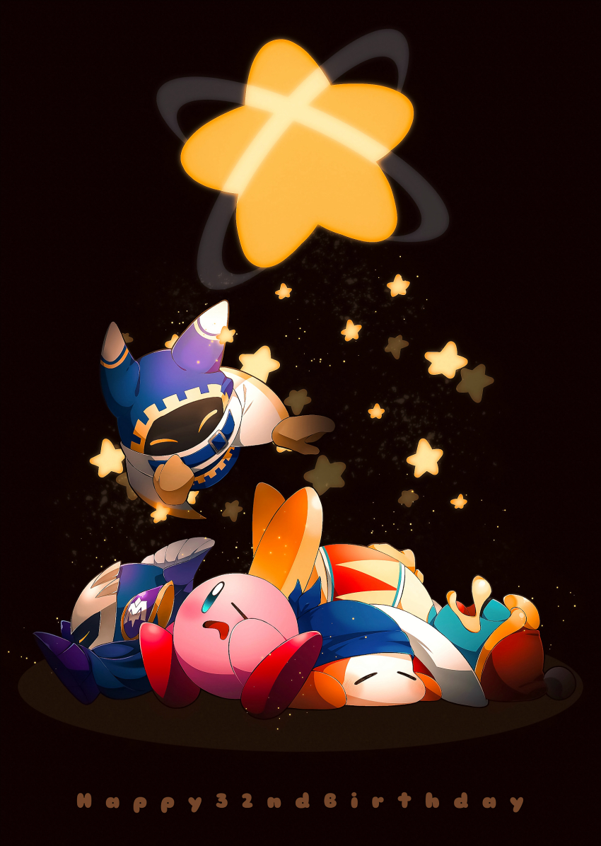absurdres animal anniversary bandana bandana_waddle_dee beak bird blue_bandana blue_skin brown_background closed_mouth colored_skin drooling highres kazuse616 king_dedede kirby kirby_(series) looking_at_another lying magolor mask meta_knight mouth_drool nintendo no_humans one_eye_closed orange_skin penguin pink_skin shadow simple_background sitting sleeping sleepy star_(symbol)