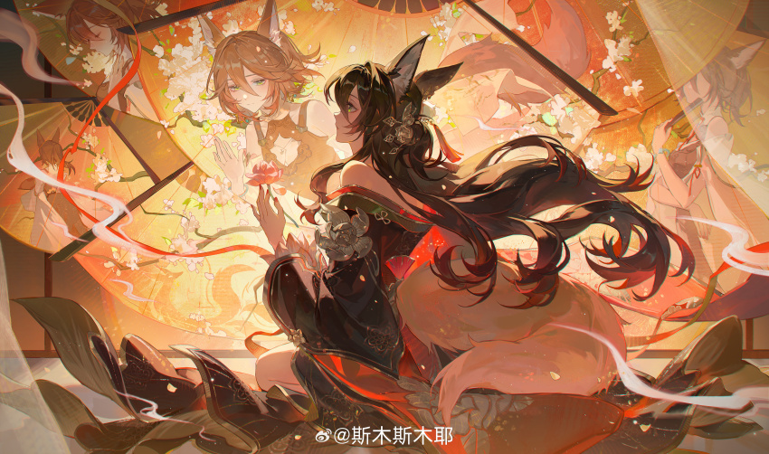1girl absurdres animal_ears black_dress brown_hair chinese_commentary commentary_request dress floating_hair fox_ears fox_girl fox_tail fugue_(honkai:_star_rail) green_eyes hair_ornament hand_fan highres honkai:_star_rail honkai_(series) long_hair long_sleeves multiple_tails off-shoulder_dress off_shoulder red_nails red_ribbon reflection ribbon sitting smusmuye solo tail tassel tassel_hair_ornament tingyun_(harmony)_(honkai:_star_rail) tingyun_(honkai:_star_rail) very_long_hair watermark weibo_username weibo_watermark